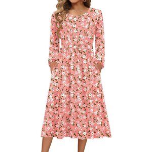 Zeagoo Women Pink Floral Long Sleeve Flowy A-Line Boho Long Dress with Pockets